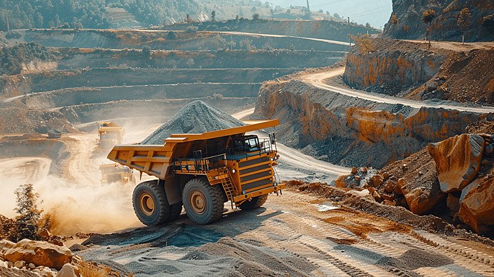 A dump truck driving on a dirt road AI-generated content may be incorrect.